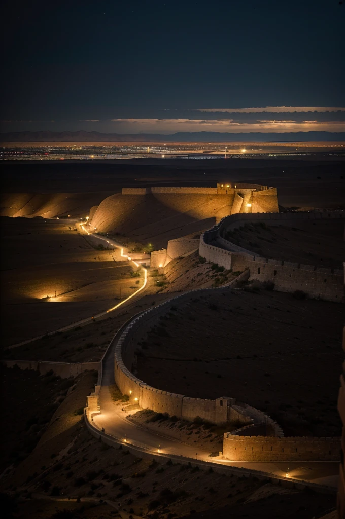 large desert plain at night, in the distance a large illuminated city, the city is surrounded by a great wall protected by the army, the view is facing the wall that dominates us, soldiers patrol below the wall, the wall is gray and modern