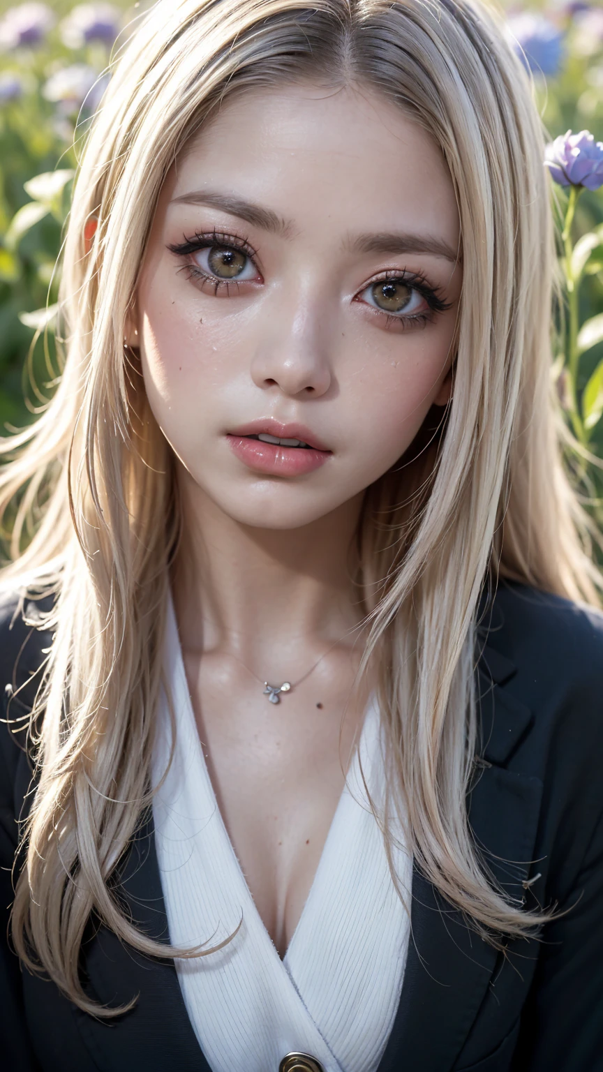 Realistic, masterpiece, highest quality, Highest Resolution, Japanese , 16 years old, Upper body photo, Looks sleepy, inattention, Open your mouth, Beautiful and detailed eye drawing, (Droopy eyes:1.3), Dark Eyes, Thin eyebrows, Draw eyelashes carefully, Eyelash extensions, Gal Makeup, Orange Cheek,  (White brown straight hair, Long Hair, middle part:1.3), (Hidden eyelid wrinkles:1.3), (The blazer he is wearing is dark green and has a gothic design.:1.2), (The subject was photographed from above at an angle:1.3), (Flower Field:1.3), (Face close-up:1.5)