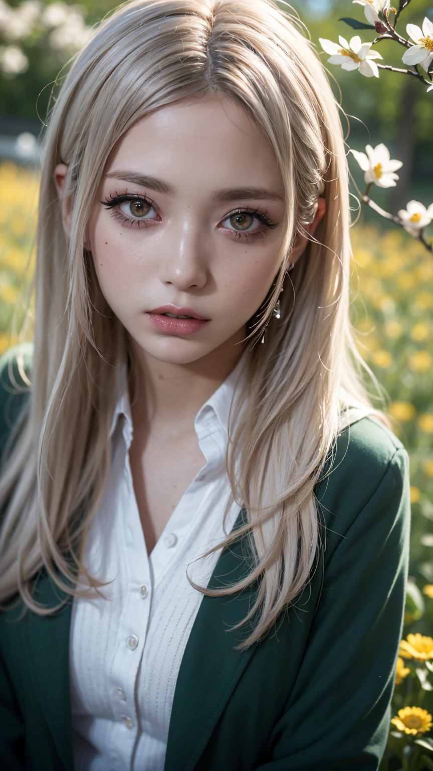 Realistic, masterpiece, highest quality, Highest Resolution, Japanese , 16 years old, Upper body photo, Looks sleepy, inattention, Open your mouth, Beautiful and detailed eye drawing, (Droopy eyes:1.3), Dark Eyes, Thin eyebrows, Draw eyelashes carefully, Eyelash extensions, Gal Makeup, Orange Cheek, (White brown straight hair, Long Hair, middle part:1.3), (Hidden eyelid wrinkles:1.3), (The blazer he is wearing is dark green and has a gothic design.:1.2), (The subject was photographed from above at an angle:1.3), (Flower Field:1.3), (Face close-up:1.5)