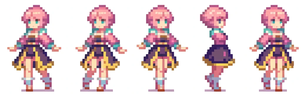the very same person character chips , masterpiece , 6 poses (put out one's left foot , put out one's right foot , 2 front-facing poses , 2 back poses),best quality , pixel , pixel art , xiangsu , xiang su , sequence frames , walking , 1 girl , fantasy clothes , full body , white background , heroine , deformed , sexy , chibi , Highly Exposed , pink clothes , pink hair , walking frame