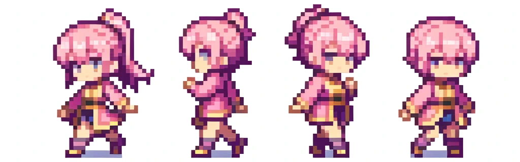 the very same person character chips , masterpiece ,  6 poses (put out one's left foot , put out one's right foot , 2 front-facing poses , 2 back poses),best quality , pixel , pixel art , xiangsu , xiang su , sequence frames  ,  walking , 1 girl , fantasy clothes , full body , white background , heroine , deformed , sexy , chibi  , Highly Exposed , pink clothes , pink hair , walking frame