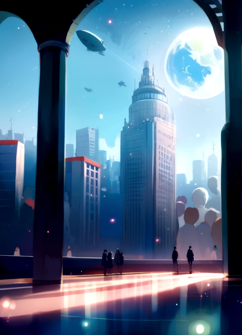 inside a luxury office building, tall columns, vaulted ceilings, spacious hall, interior of the future, space academy interior, behind the high arched windows there is a city with skyscrapers, spaceships fly across the sky, frame from the floor, illustration, white-gray shades, (((people are missing))), illustration для фона, even lighter
