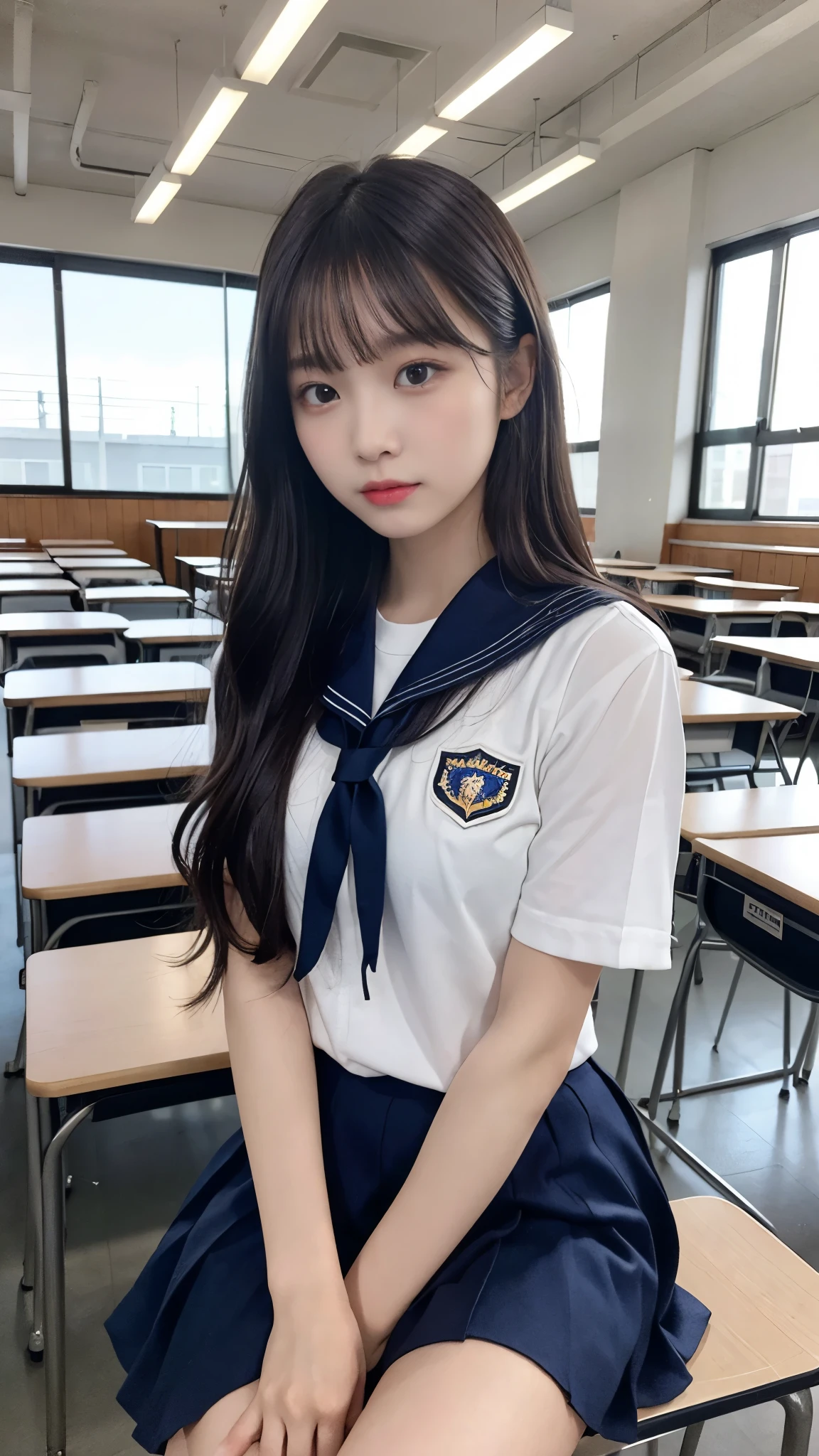 A young woman, 18 years old, with long purple hair, wearing a sailor uniform, sitting in a classroom (School 1.5 in the background) (Serious expression, Cold 1.5) (Highest quality: 1.1) (masterpiece: 1.3) with an unparalleled masterpiece, Surreal 8K, Perfect artwork, Super detailed, Highest quality, masterpiece 4K wallpaper aesthetics, masterpiece, Award-winning works, Official Art, Cinema Lighting