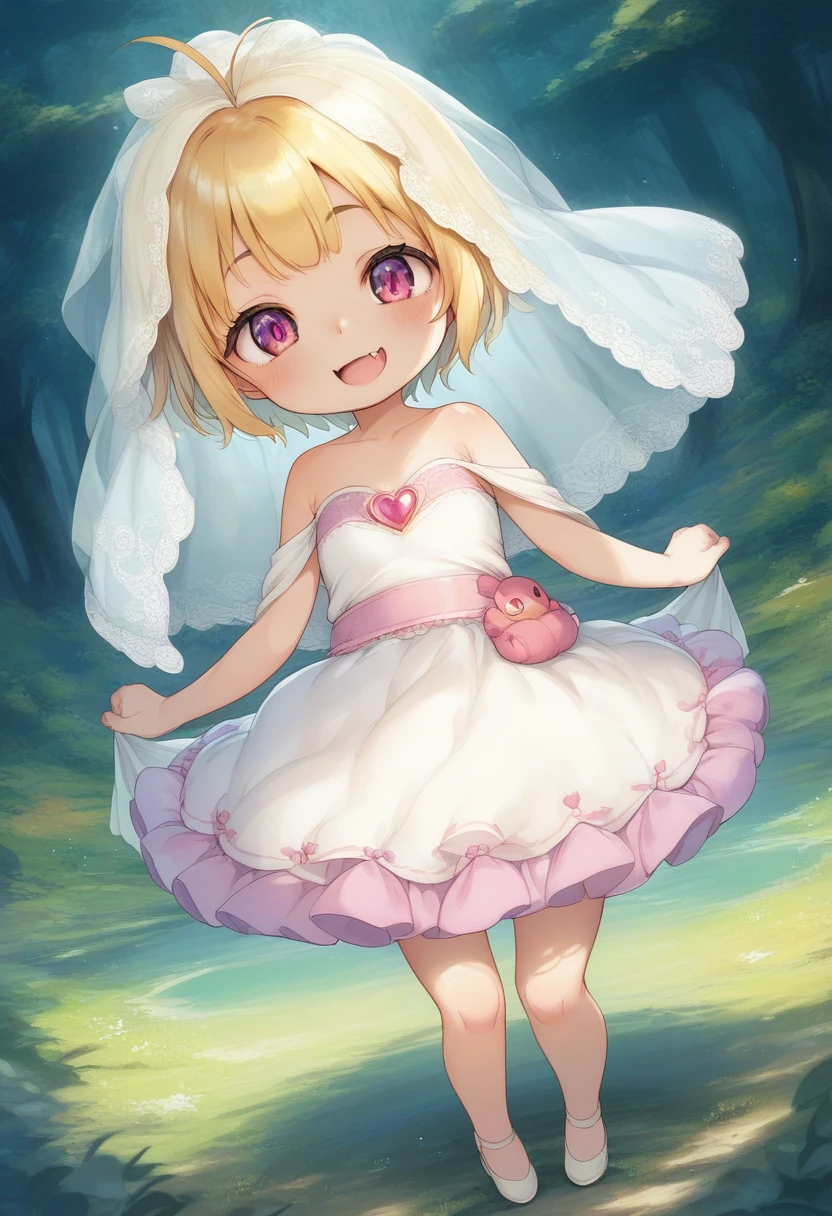 score_9, score_7_up, score_6_up, 1girl, source_cartoon, source_anime,breathtalking Scenery,watercolor,smooth soft skin, natural skin,
BREAK
(little female child:1.8), (:1.8), 4 yeoli toddler:1.lat chest,baby face,oily skin, ultra cute face, happy smile,beautiful eyes, detailed eyes,
BREAK
(short blond hair:1.6) messy hair,(fang:1.1), (pink eyes:1.1), highlight on eyes, antenna hair,double tooth,(blond hair:1.1),
BREAK
(empire-Line wedding dress:1.1),(silk veil:1.3),high heel,silk cape,
BREAK
In a secluded setting, surrounded by a dense forest, the bog lay hidden like a secret gem, its misty surface whispering tales of ancient times,fullbody,dynamicangle,dynamicpose,action,
