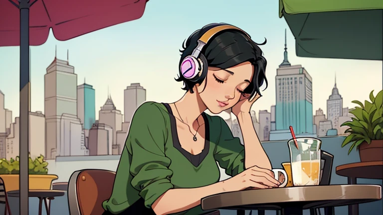 Beautiful woman in her 30s with short black hair is sitting with headphones on the cafe terrace. Looking down, eyes closed, LOFI girl, alone in the room, green blouse, relaxing mood, cozy, only five fingers, new york, colorful, Well-proportioned face, Beautiful human female fingers