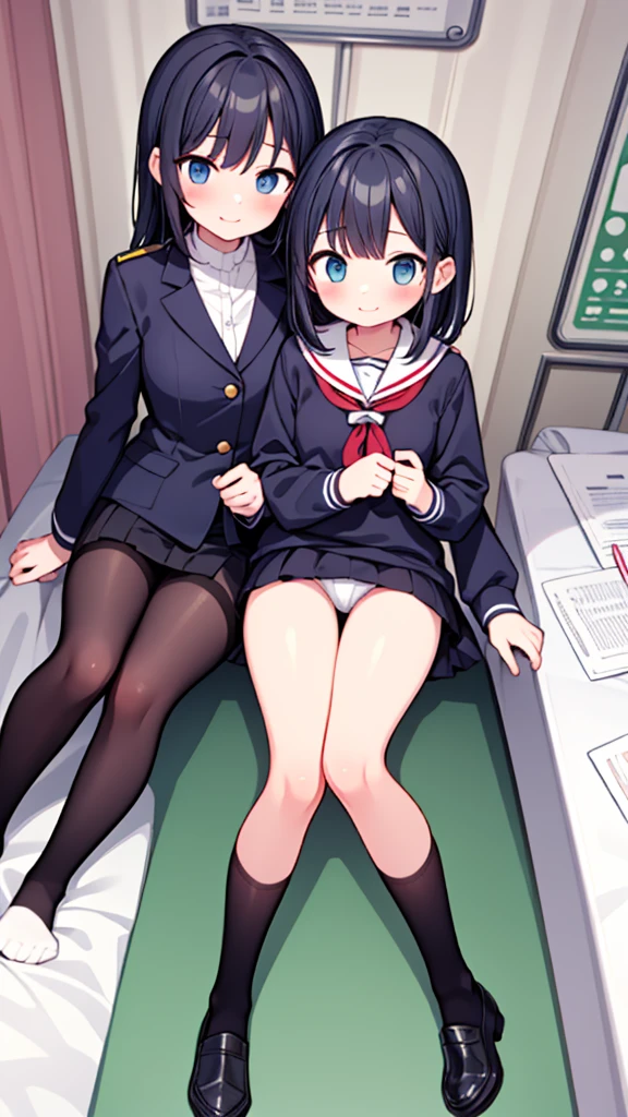{Highest quality], [so beautiful], [Ultra-fine], [Best illustrations], Browsing Caution,Black Hair, Hime cut, Long Hair, With bangs, girl,high school student,uniform,knit,skirt,smile, blush, Slender women, Adult female,(public),,diagonal, Navy blue knee socks,Black Loafers.night,Health Room,Lying in bed feeling unwell