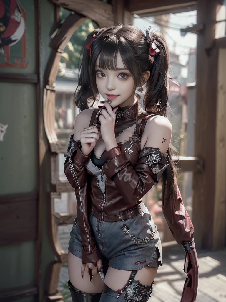 (Full body:1.4)、(Full Body View:1.4)、(Side view:1.1)、(Smiling with teeth showing:1.3),(Shibuya Gal:1.5)、(Maid café clerk:1.5)、(Punk RockVisual Kei:1.4)、(Wine red denim with khaki and brown medieval noble zip up:1.5)、(Wine red arm covers and bugle pants:1.5)、(Wine red high heels:1.3)、(Wearing silver accessories:1.5)、(Dark brown collar:1.4)、(Leather garter belt:1.4)、(Red skin belt:1.3)、(Red lace underwear:1.5)、20-year-old、NSFW、((Highest quality、In 8K、masterpiece:1.3))、Sharp focus:1.2、(Layered Cut、Huge boobs:1.1),Beautiful woman with perfect figure:1.4、(Doing an aerobics pose:1.3)、Slender Abs:1.2、Highly detailed face and skin texture、Detailed eyes、double eyelid,(Twin tails:1.3)、(Black Hair:1.3)、Gravure idol、(A fairytale-like cafe with a lush tree background:1.3)、(Slim body:1.3),(Make your legs thinner:1.4),(Thin, thin thighs:1.3)、(clavicle:1.1)