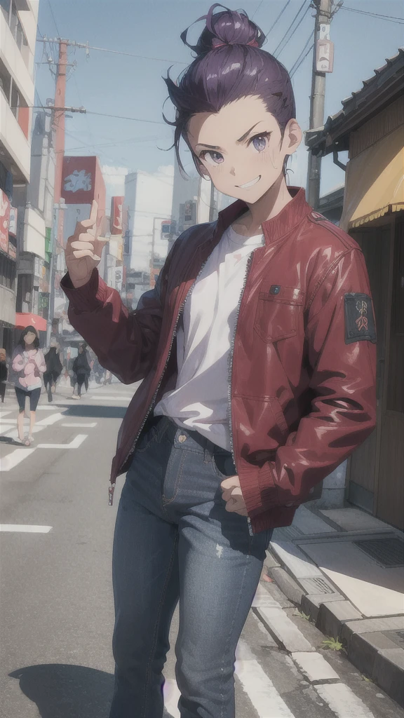 Bad boy, low angle, purple pompadour, red jacket and jeans, looking at camera, smiling, Tokyo city，Pocket Hand，anime