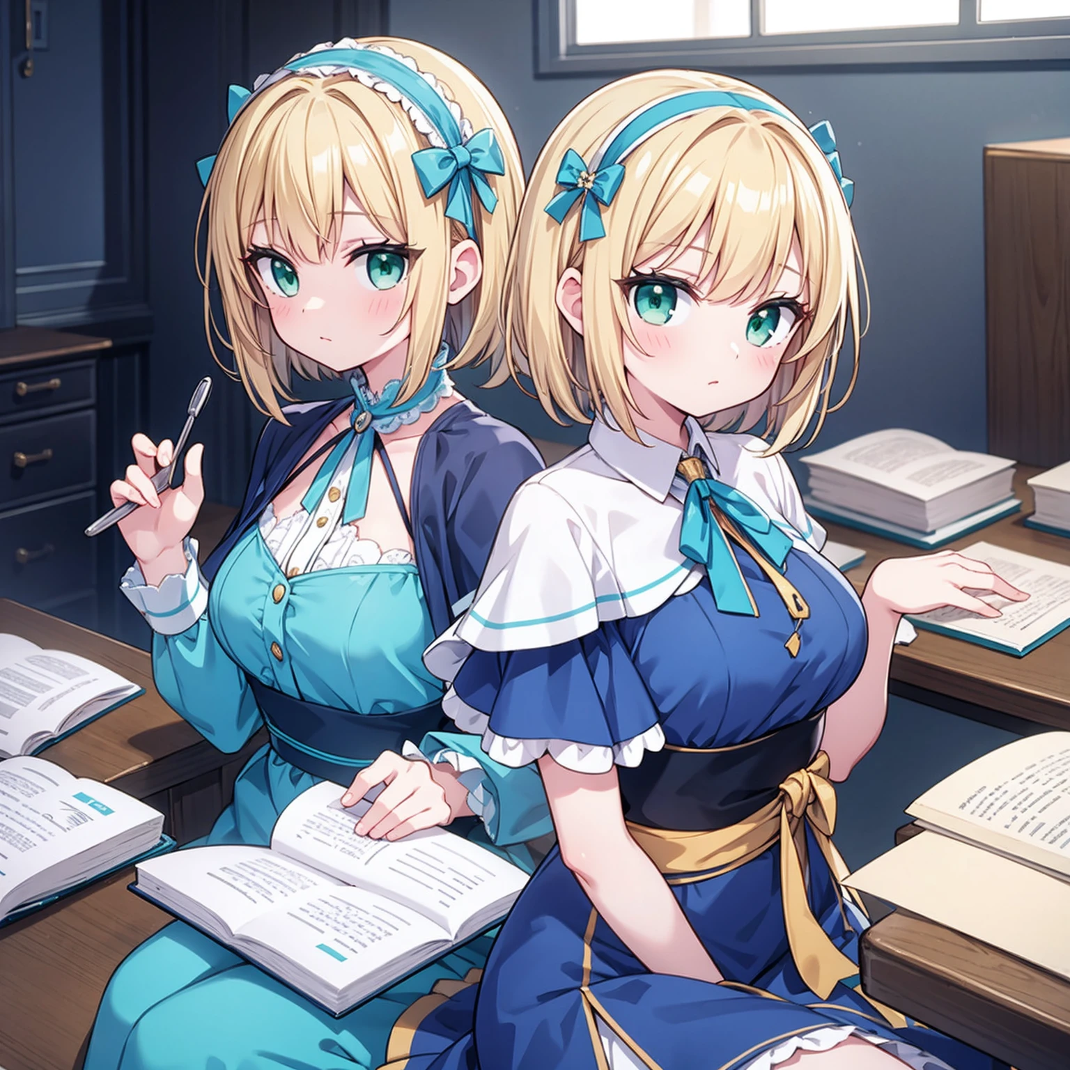 masterpiece, top quality, super detailed, CG illustration, high resolution, better lighting, best shadows, very delicate and beautiful, proper shading, hd, 8k,alice margatroid, 1girl, solo, looking at viewer, short hair, blonde hair, simple background, white background, dress, green eyes, hairband, aqua eyes, book, sash, capelet, blue dress