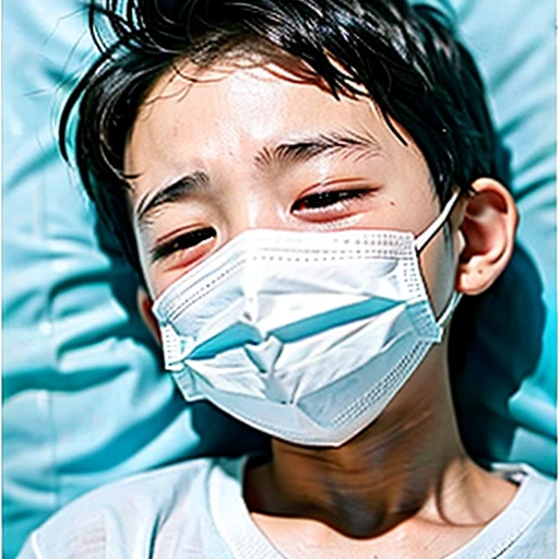 Handsome kindergarten boy with infectious disease、Appearance of suffering. He is wearing a white mask. He has a high fever. he is sleeping. He has a cough. He is exhausted. He is taking his temperature with a thermometer. He is dying. He is cooling his forehead with a cooling gel sheet..Are crying
