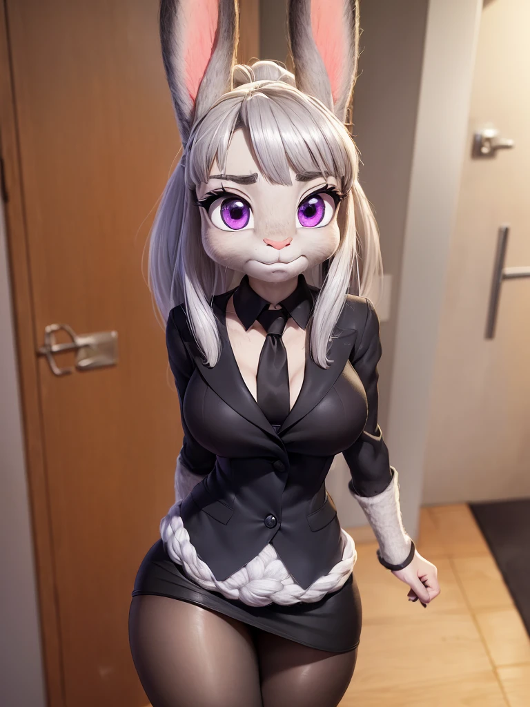 best quality,
masterpiece,
hyper Realistic,
ultra-detailed,
beautiful detailed,
4K,8K,High level,
PIXAR,
Photo real,
Portrait,
Looking at the audience,
background is an office,
Realistic lighting,
((anthropomorphic rabbit)),
detailed animals,
Complex patterns,
(furry:1.5),
(Hairy all over:1.3),
(body is gray:1.4),
(body is fluffy and fluffy:1.3),
((human hands)),
(Face is JudyHopps:1.35),
((long straight hair)),
wispy bangs, bangs,
purple eyes,
(arched eyebrows:1.2),
(uplift eyebrows:1.1),
(rabbit ears:1.1),
she is wearing office suit,
((White blouse)) BREAK ((Black pants)),
clothes made of cotton,
blouse buttons are all off,
lace brassiere is completely exposed,
stomach is completely exposed,
((She is blushing in the cheeks)),
((clavicle is emphasized)),
looks like crying,
(solo:1.5),
(1 lady:1.5),
one character only
alone,
Perfect Anatomy,