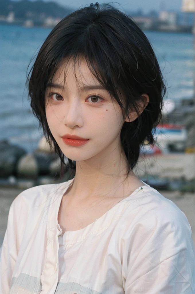 (Skin details:1.4), (Smooth skin texture:1.3), Direct vision, earrings, serene, calm, (Realistic and detailed eyes:1.2), Natural skin texture, Realistic facial details, Soft dramatic lighting, Vivid details, 35 mm film, outdoor, (Photo actual:1.4), (hyper actual:1.4), (actual:1.3), (Smoother lighting:1.05), (Improve lighting quality:0.9), (Highest quality real skin textures:1.4), Exquisite eyes, Delicate face, (Close-up of face, (Enhance the beauty of skin texture:1.1), Hair details, Noble temperament, Normal body proportions, short hair, mole under eye, Seaside background, seaside, Portrait Photography, Depth of Field, Bokeh, Surrealism, Ray tracing, (Portrait Photography:1.1), Surrealism, high detail, chiaroscuro, ray tracing, reflection light, UHD, UHD, masterpiece, textured skin, super detail, high details, high quality, best quality