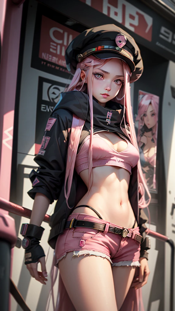 Beautiful woman medium hair, Wearing a hat, Cyberpunk Shorts,masterpiece, Highest quality, High resolution, (An illustration),{Detailed and beautiful eyes}, finely, Detailed and beautiful eyes,Pink Eyes,(((Long pink hair))),(Small breasts),