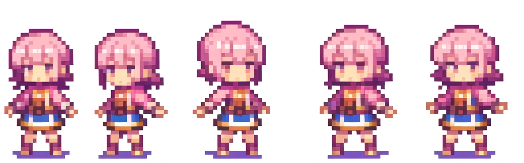 the very same person character chips , masterpiece , 6 poses (put out one's left foot , put out one's right foot , 2 front-facing poses , 2 back poses),best quality , pixel , pixel art , xiangsu , xiang su , sequence frames , walking , 1 girl , fantasy clothes , full body , white background , heroine , deformed , sexy , chibi , Highly Exposed , pink clothes , pink hair , walking frame