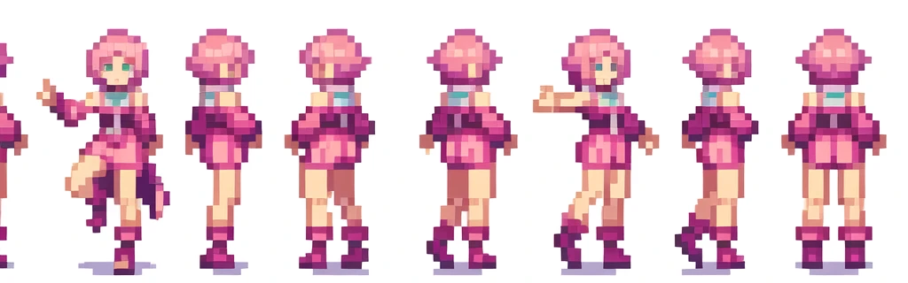 the very same person character chips , masterpiece ,  6 poses (put out one's left foot , put out one's right foot , 2 front-facing poses , 2 back poses),best quality , pixel , pixel art , xiangsu , xiang su , sequence frames  ,  walking , 1 girl , fantasy clothes , full body , white background , e , deformed , sexy ,ibi  , Highly Exposed , pink clothes , pink hair , walking frame