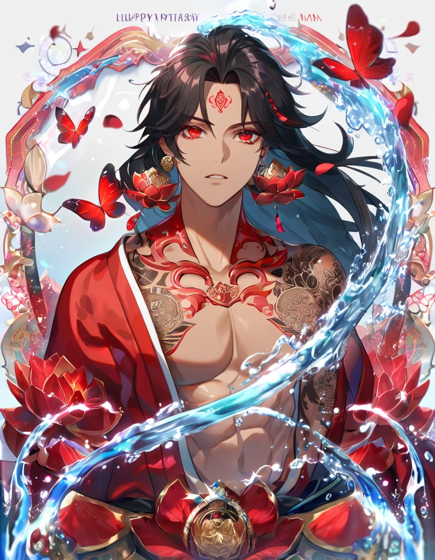 (absurdres, highres, ultra detailed, HDR) master piece, best quality, delicated features, Ashura, black long hair, untamed hair, expressive red eyes, Onmyoji, red lotus tattoo on the forehead, solo, sexy man, handsome, tanned skin, toned chest, red haori, with accessories, jewelry, lotus earrings, patterns, water, magical fantasy, red butterflies, glittering, sparkling, red lotus, petals, radiant