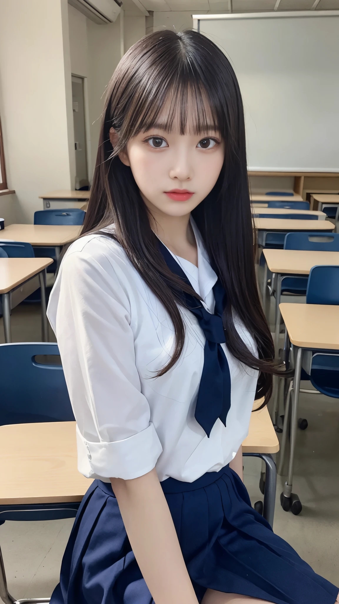 A young woman, 18 years old, with long purple hair, wearing a sailor uniform, sitting in a classroom (School 1.5 in the background) (Serious expression, Cold 1.5) (Highest quality: 1.1) (masterpiece: 1.3) with an unparalleled masterpiece, Surreal 8K, Perfect artwork, Super detailed, Highest quality, masterpiece 4K wallpaper aesthetics, masterpiece, Award-winning works, Official Art, Cinema Lighting