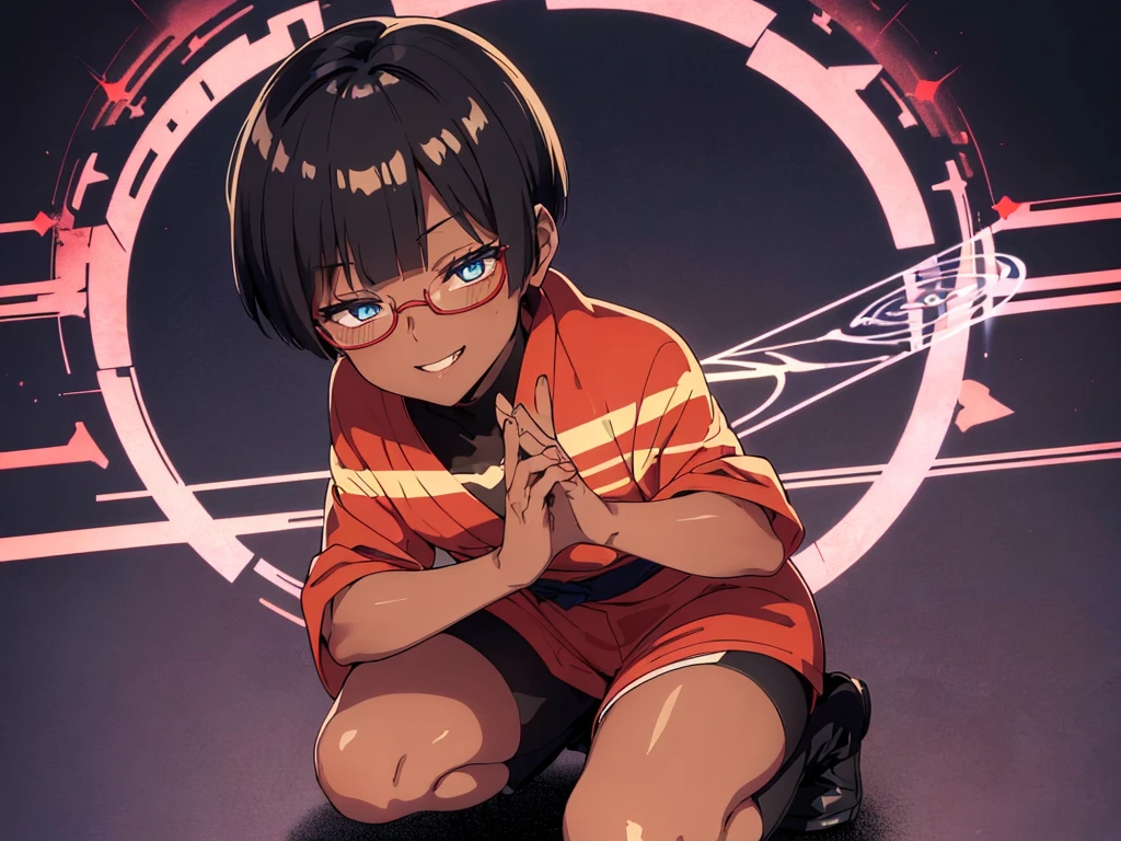 (flat chest:), (masterpiece:1.2), highest quality, High resolution, unity 8k wallpaper, (fine and beautiful eyes:1.6), highly detailed face, perfect lighting, Detailed CG, (perfect hands, perfect anatomy), (1 boy solo:1.4), 20 years old, black hair, extremely beautiful detailfeminine face and eyes, (evil smile:1.4), detailed eyes, best quality,( dark skin:1.8), (turtleneck shirt under yukata:1.2), (bike shorts:1.2), extremely detailed, very precise detailed, (glasses:1.3), blunt bangs, open mouth, (very short pixie cut:1.2), boots,fingerless gloves, smile, (half closed eyes:1.5),(burning fire background:1.3), ,(squat in magic circle on ground:1.1) ,night sky,long sidelocks,(long red Scarf),(yukata),(squatting),(acrobat pose:1.3),(squat:1.3),leaning forward,(one knee dwon:1.5),(Put one foot in front:1.3),(stylish pose:1.4),(Raise only index finger:1.1),(Joining hands:1.5),(retro artstyle:1.2), (1990s \(style\)),(magic circle on ground:1.3),(from above:1.2)