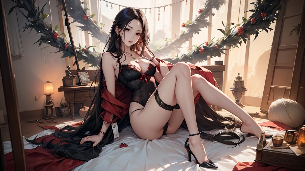 ((Biologically correct limb count))、((Full Body Shot, Full-body photo including face、Head to toe photos))、4K、masterpiece、((Focus on the face))、((Symmetrical facial features))、Eyes of meticulous depiction、Two beautiful women、Excellent style、((Red panties and bra、Black garter stockings、(High heels)、Tight dress))、Detailed Description、Small earrings、necklace、High angle、Looking up