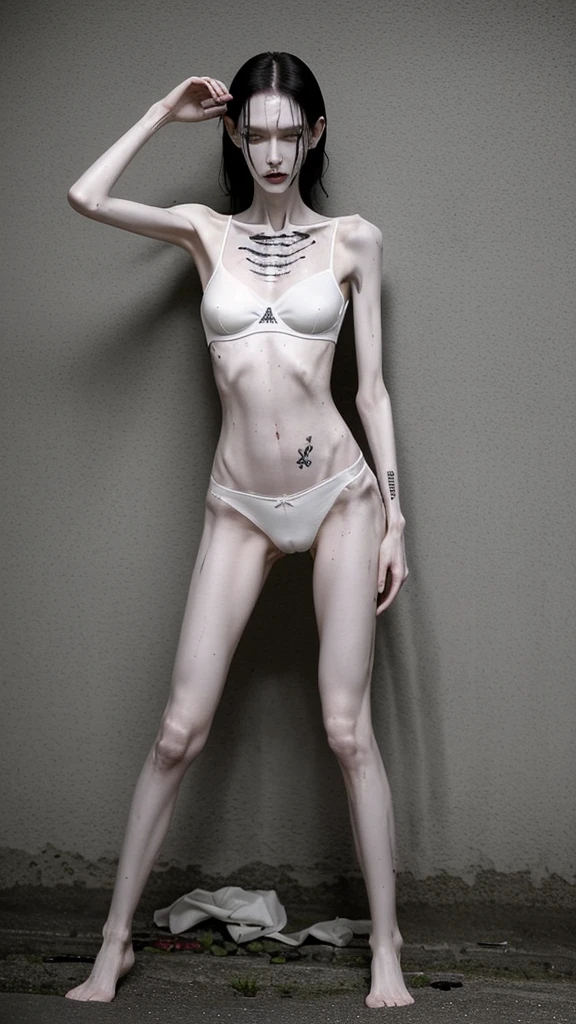 a woman, very thin body, body visible bones, very slender, sweaty wet body, pale white skin, panties, bra,tatto, full body, has a mental breakdown in an underground prison