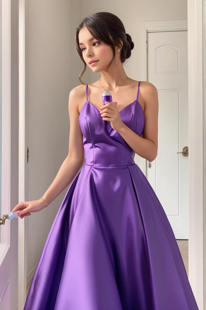 A girl purple dress , holding perfume