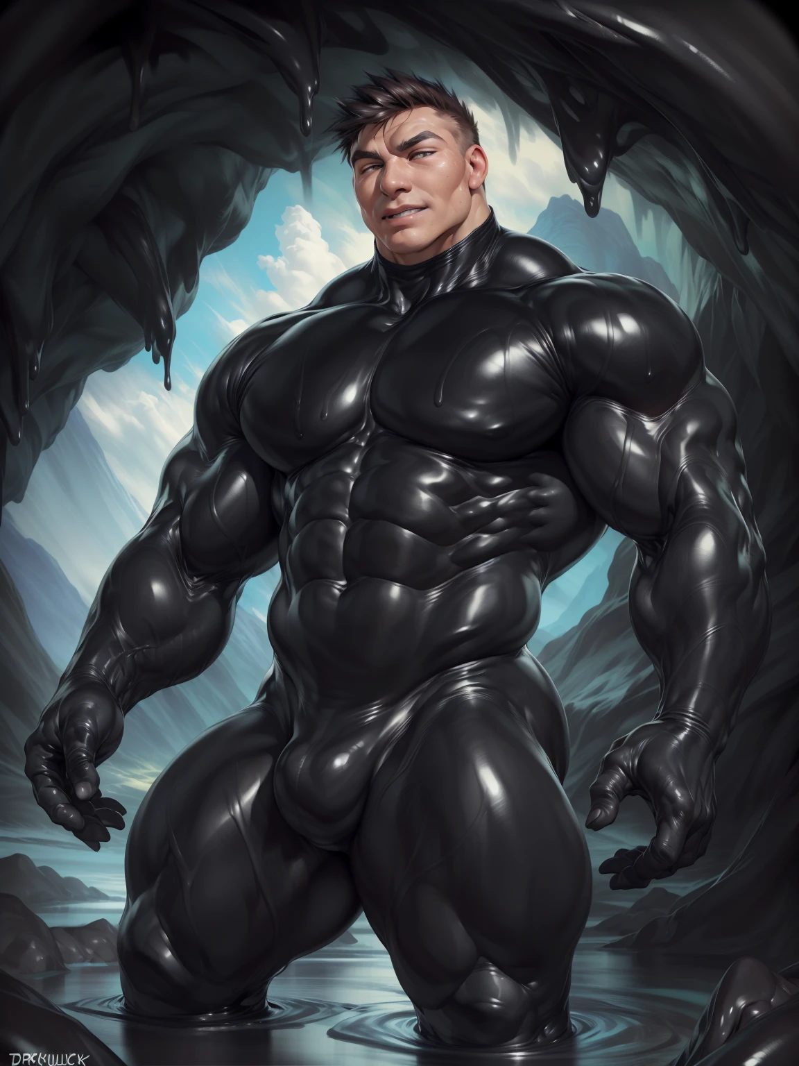 (male:in black skin suit,human head:1.5,light skin face:1.5,short hair:1.5,handsome:1.5),(((nude:black slime latex body suit,full body black latex suit,))),crotch close up,hand on hips pose,sweat:1, best quality, (((in a black slime cave background))), detailed background, muscular male, big muscles,chunie(anatomy), (,by chunks by ross ,by null-ghost, by thebigslick, by darkgem, by honovy),cinematic light
