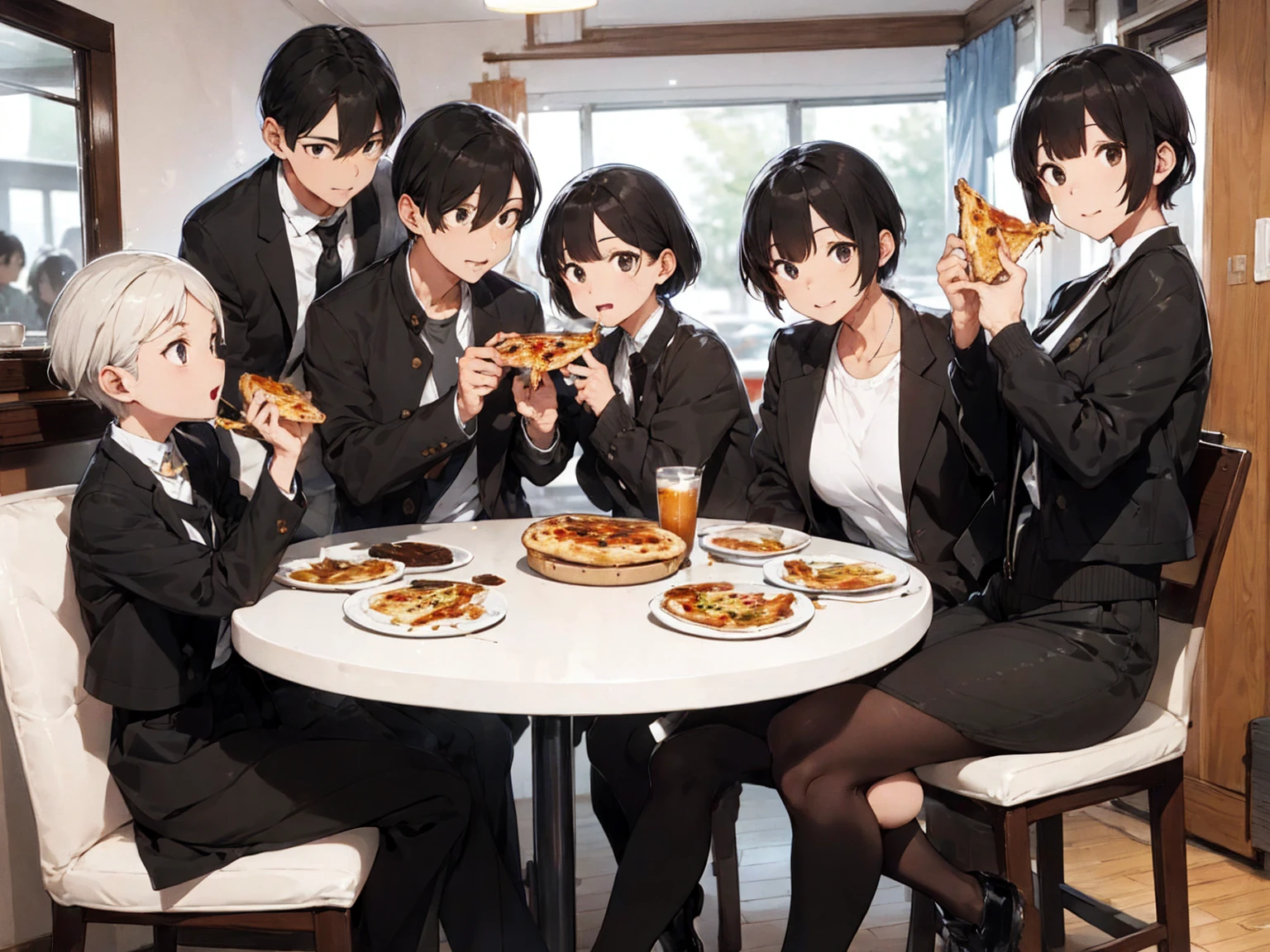 Big family eating pizza 、Short black hair、Black jacket、Black slacks、White patent leather shoes、Coffee with lots of ice