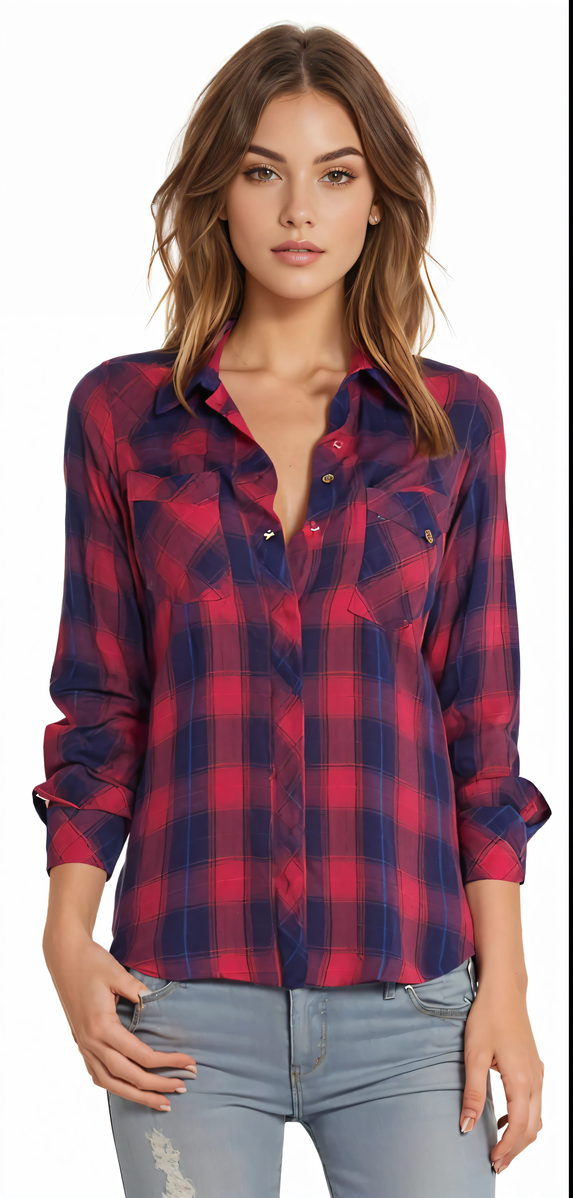 a woman wearing a red and blue checkered shirt, wearing checkered shirt, checkered shirt, wearing a checkered shirt, wearing a flannel shirt, flannel, wearing a red lumberjack shirt, wearing a red plaid dress, button-up shirt, wearing in shirt, long blouses, collar shirt, red and blue garments, lumberjack flannel, splendid