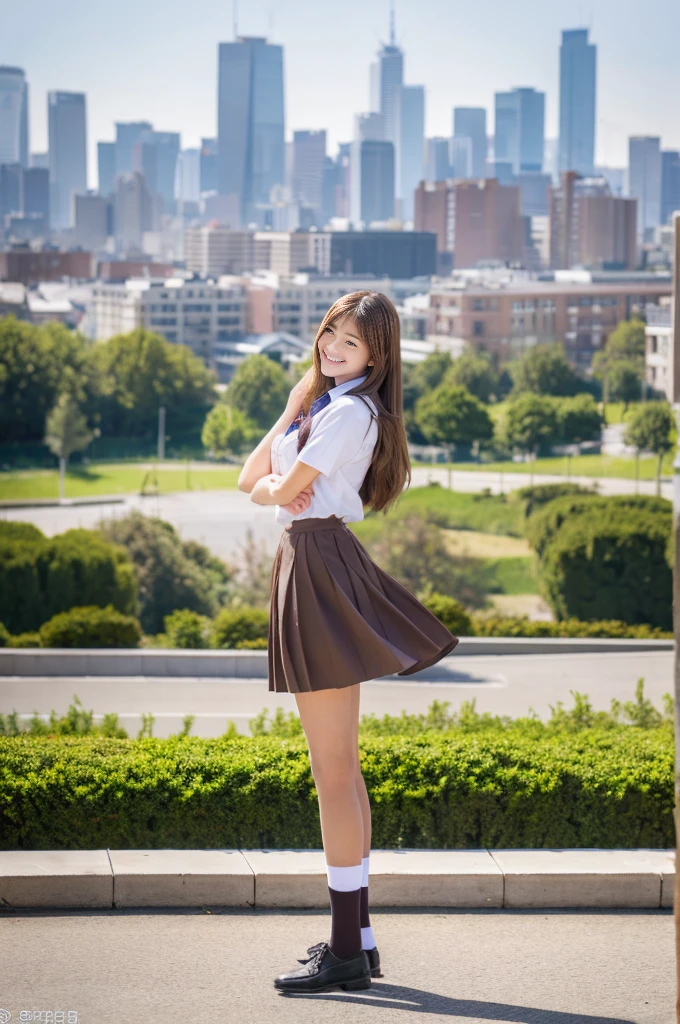A girl in a uniform is posing in front of the city, multiple girls, girls stand out, uniform, loose socks, gal, real, long hair, brown hair, smile, beautiful, model, top quality, masterpiece , beautiful, cute, 16 years old, various poses, top quality, clear face, super high resolution, (photorealistic), commemorative photo.