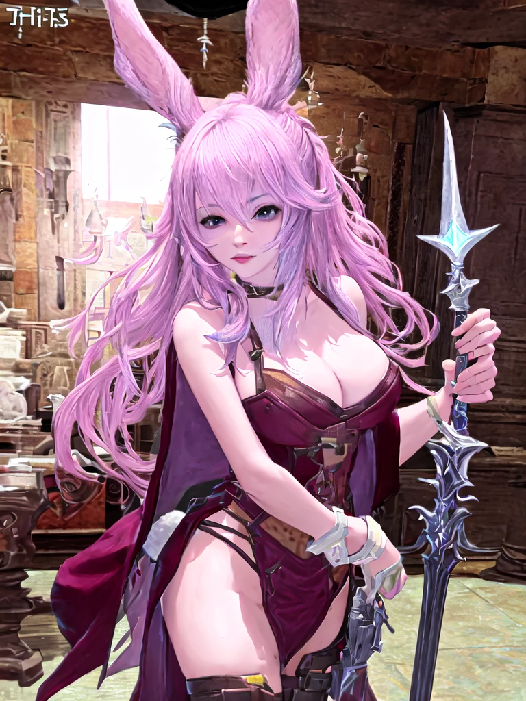 There is a woman with pink hair and bunny ears standing in a room, final fantasy style 14, final fantasy 14 sharp, neferpitou, Final Fantasy XIV, Final Fantasy 1 4 screenshot, She is in the potions workshop, wearing cyber bunny ears, ffxiv, close-up portrait of an artificer, Final Fantasy 1 4, tiflin hermosa con su traje de caballera negra sosteniendo una espada en un lobby del juego y pose de guerrera