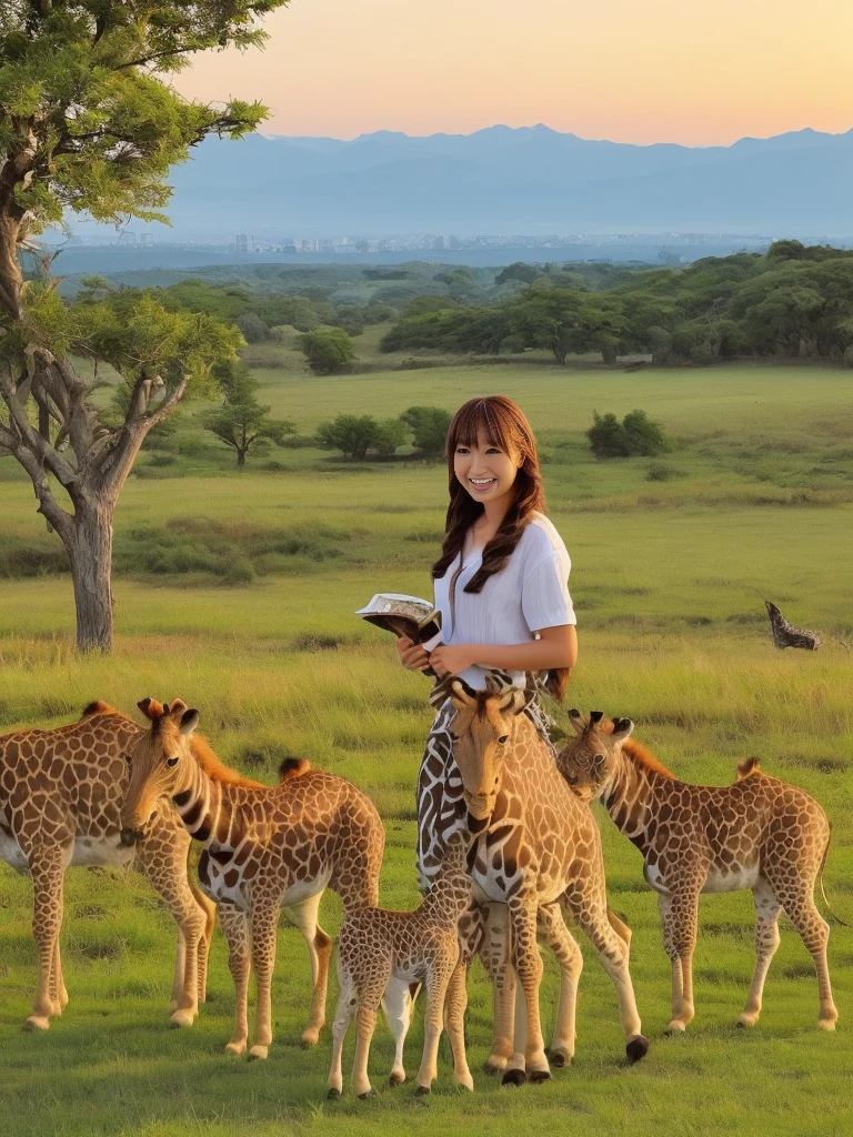 (Animals playing in the wide grassland、animal paradise、giraffe、lion、Cheetah、Antelope、zebra、an eagle is flying in the sky、elephant、I can see some green trees、I can see the hut、sunset、A small mountain range in the distance、High color rendering、high detail、Like the photo、(In the center, a super cute Japanese girl is standing with a smile.)