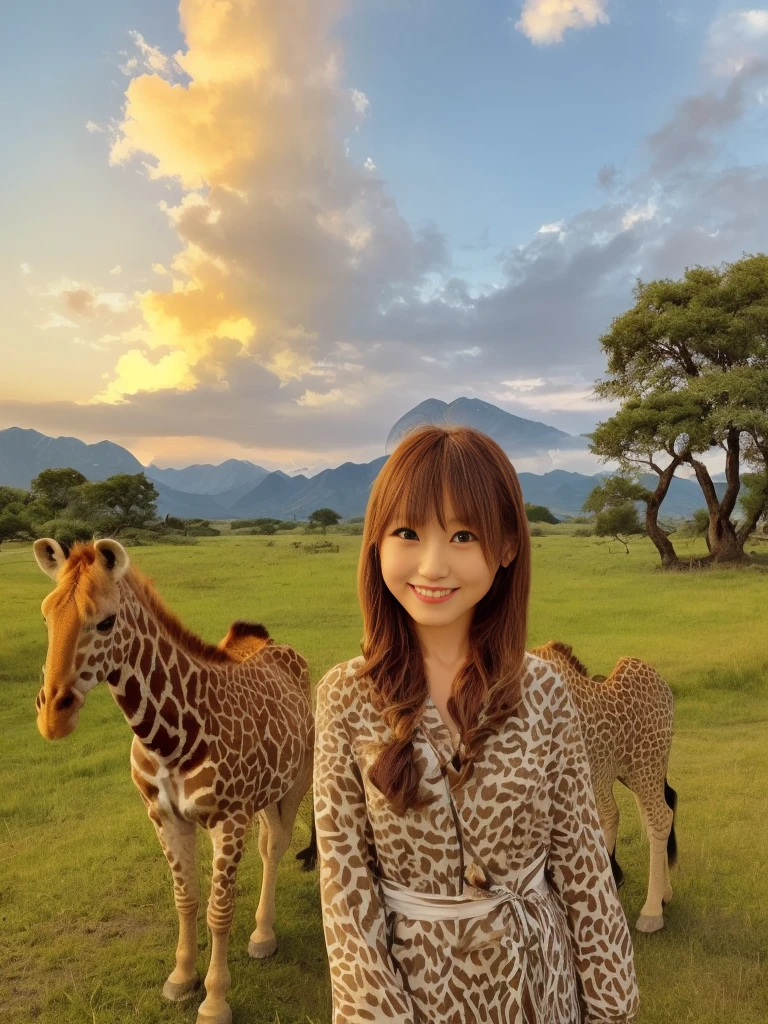 (Animals playing in the wide grassland、animal paradise、giraffe、lion、Cheetah、Antelope、zebra、an eagle is flying in the sky、elephant、I can see some green trees、I can see the hut、sunset、A small mountain range in the distance、High color rendering、high detail、Like the photo、(In the center, a super cute Japanese girl is standing with a smile.)