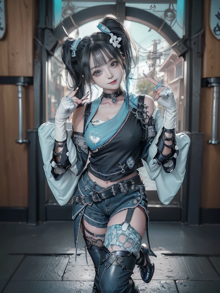 (Full body:1.5)、(Full Body View:1.5)、(Side view:1.3)、(Smiling with teeth showing:1.3),(Shibuya Gal:1.5)、(Maid café clerk:1.5)、(Punk RockVisual Kei:1.4)、(Turquoise, navy and denim medieval noble zip up:1.5)、(Navy and white arm covers and bugle pants:1.5)、(Blue high heels:1.3)、(Wearing silver accessories:1.5)、(Dark brown collar:1.4)、(Leather garter belt:1.4)、(Brown Skin Belt:1.3)、(Black lace underwear:1.5)、20-year-old、NSFW、((Highest quality、In 8K、masterpiece:1.3))、Sharp focus:1.2、(Layered Cut、Huge boobs:1.1),Beautiful woman with perfect figure:1.4、(Doing an aerobics pose:1.3)、Slender Abs:1.2、Highly detailed face and skin texture、Detailed eyes、double eyelid,(Twin tails:1.3)、(Black Hair:1.3)、Gravure idol、(A fairytale-like cafe with a lush tree background:1.3)、(Slim body:1.3),(Make your legs thinner:1.4),(Thin, thin thighs:1.3)、(clavicle:1.1)