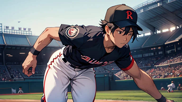 "Create a realistic image of Takefusa Kubo playing as a shortstop in a baseball game. He should be wearing a professional baseball uniform, positioned in the infield ready to field a ground ball or make a throw to first base. The background should feature a baseball field with a full stadium of fans. The overall scene should capture the action and focus required in this critical defensive position."