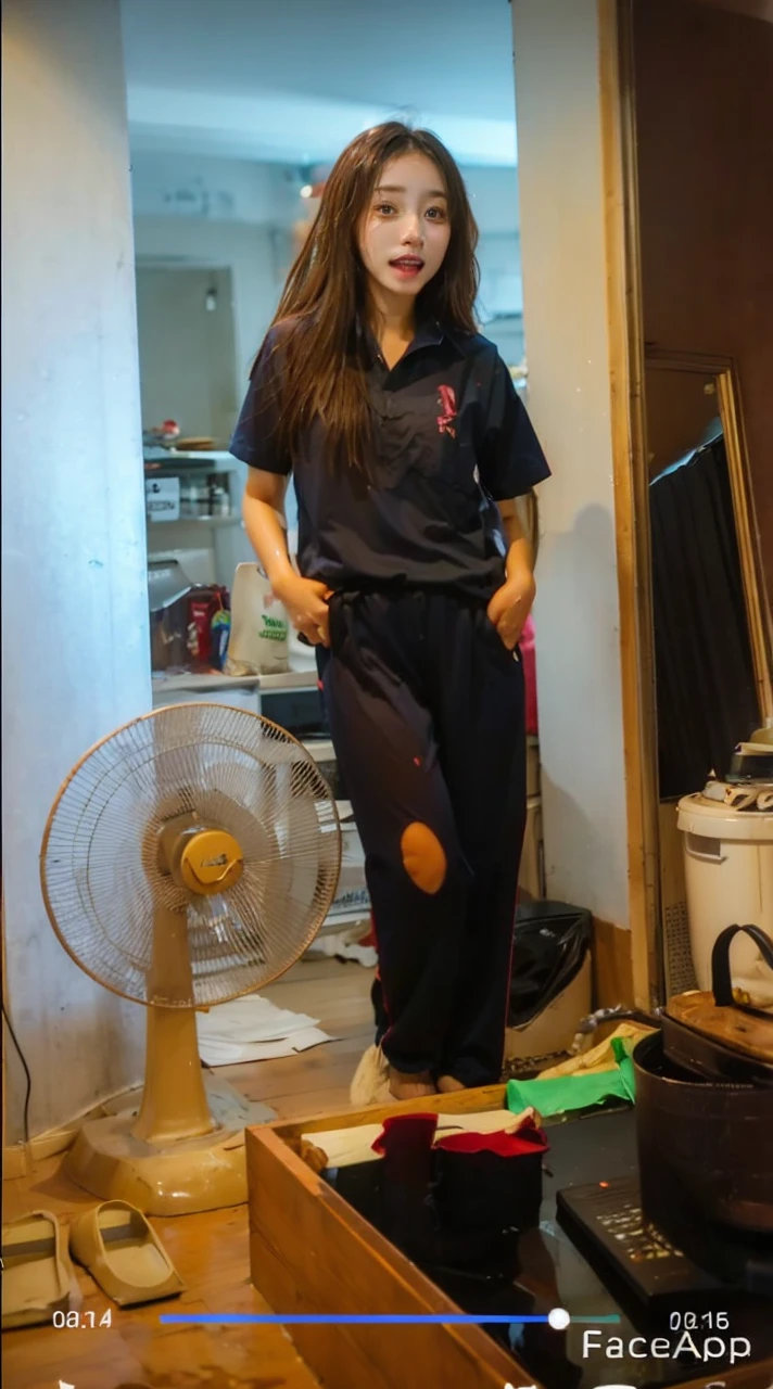 Songkran, wet street , A very realistic girl, wet soaked, drop, wet clothes, wet skin, wet hair, 8k, Masterpiece, realistic, beautiful,purple efficiency,Navy trousers,wet:1.5,dirty white powder