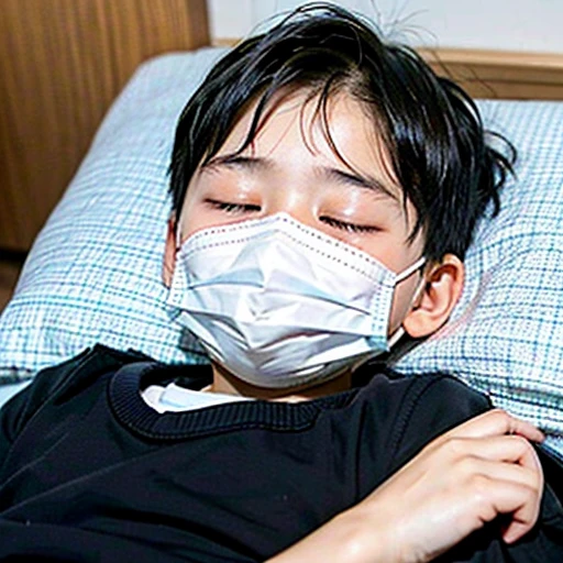 Handsome kindergarten boy with infectious disease、Appearance of suffering. He is wearing a white mask. He has a high fever. he is sleeping. He has a cough. He is exhausted. He is taking his temperature with a thermometer. He is dying. He is cooling his forehead with a cooling gel sheet..Are crying