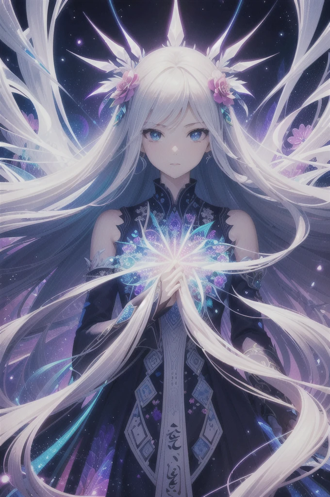 Absurd, High resolution, (Official Art, beautifully、aesthetic:1.2), (Close-up:1.4), 
[ (One girl:1.4), (Long Hair, Complex Hair, Colorful Hair, Dynamic Hair, Shining Eyes:1.2) : (calligraphy art, calligraphy:1.2) : 15 ], (Complicated Dress:1.2),
(Fractal Art:1.1),
(Complex background:1.3), (Flower effect, The influence of DNA:1.2), (White Effect:1.2),
