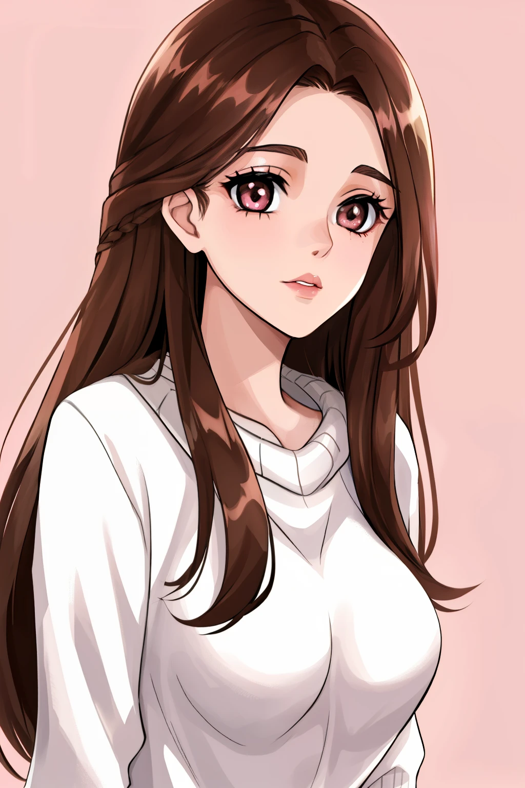 Girl, long brown hair, brown eyes, sharp features, white skin, pink lips, beautiful, perfect, sweater