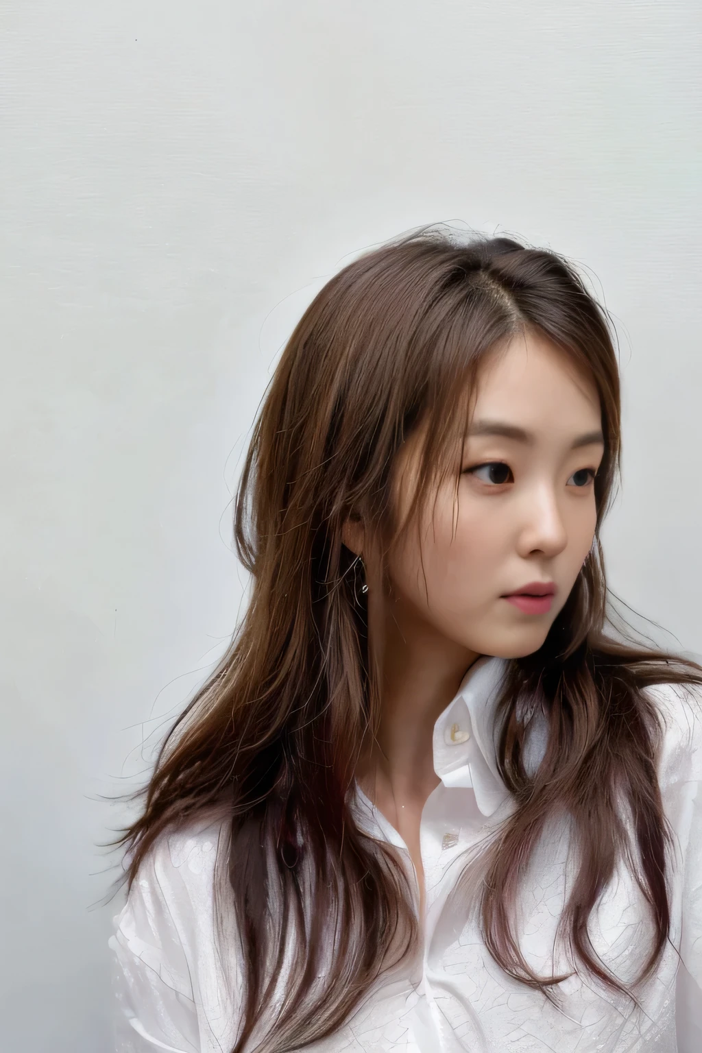 Best Quality, 8k, Masterpiece, (Portrait: 1.3), (photo realistic:1.4), (hyper realistic:1.4), Sharp Focus, looking at viewer, (smoother lighting:1.1), (increase cinematic lighting quality:0.9), realistic lighting, backlighting, light on face, ray trace, (brightening light:1.2), (Increase quality:1.4), sharp detail, (best quality real texture skin:1.4), finely detailed eyes, black_eyes, finely detailed face, 25 year old Korean woman, (white shirt:1.4), (Create an image maintaining the original base model hairstyle:1.5)