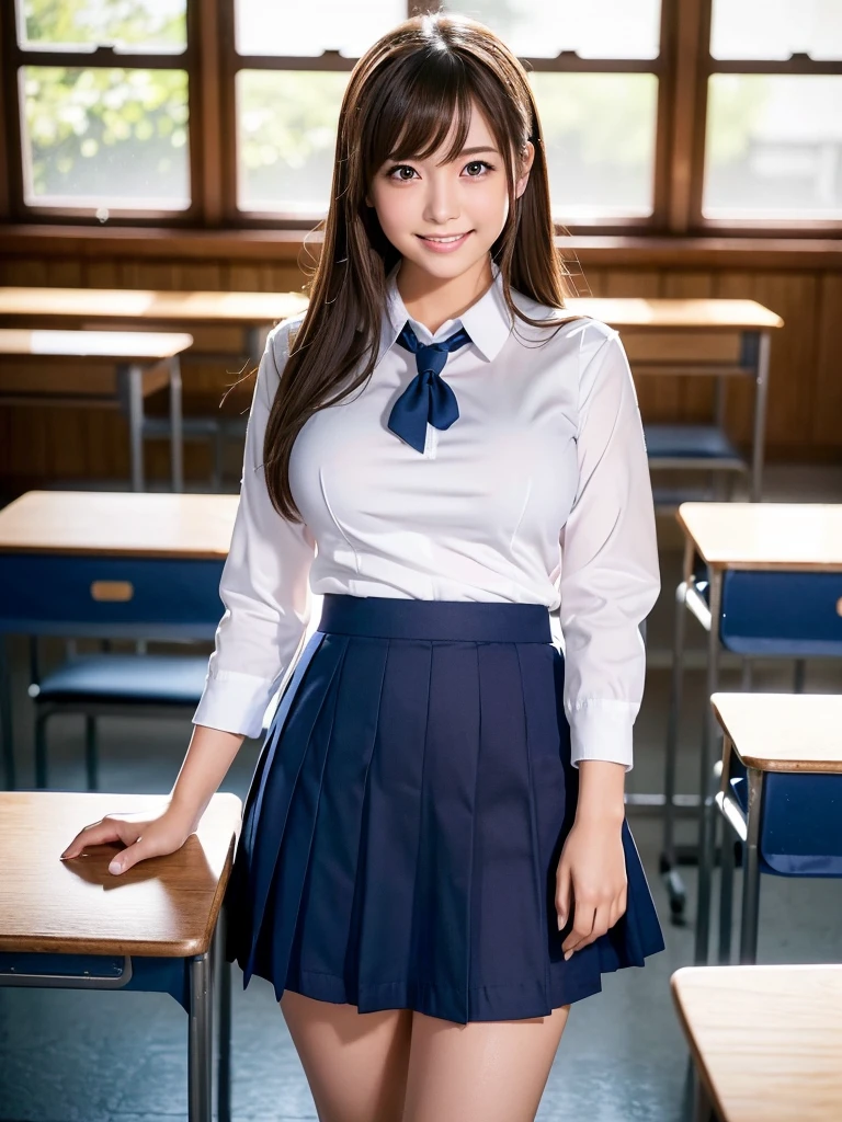 ((Beautiful Japanese Girls:1.3)) ((School uniform:1.4)) ((Panty shot:1.5)) ((high school)),((Dark blue skirt:1.3)) ((In the classroom:1.3)) ((thin_fabric:1.4)) ((Random sexy poses:1.3)) ((Sweaty:1.5))((Blushing:1.4)) ((Big Breasts:1.4)) ((close:1.2)) Highest quality,masterpiece,Ultra-high resolution,(Realistic:1.4),RAW Photos,(Real skin texture:1.3),(Film Grain:1.3),Panorama,Character Portrait,Very wide shot,Tight waist,Cowboy Shot,(In the Dark, Deep Shadow, Modest, Cold Light,) night,(()),Tears flow,,Dust,Tyndall effect,(Performance),One girl,Beautiful and detailed eyes and face,White Jabot,Brown eyes,((Brown Hair:1.2)) ((whole body:1.3)) ((smile:1.3)), ((Highest quality, 8K, masterpiece :1.3)), whole body, Sharp focus :1.2, Beautiful woman with perfect figure :1.4, , Highly detailed face and skin texture, Fine grain, japanese girl:1.5