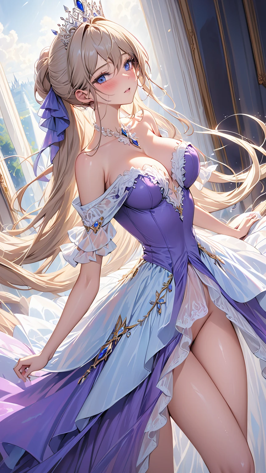 masterpiece:1.4,best-quality,Super Detail,Very Delicate and Beautiful, ((( nsfw, beautiful slutty woman, royalty princess color dress, orgasm ))), long hair, very gigantic breasts, cleavage, very slender, off-shoulder, perfect face, beautiful eyes, perfect body