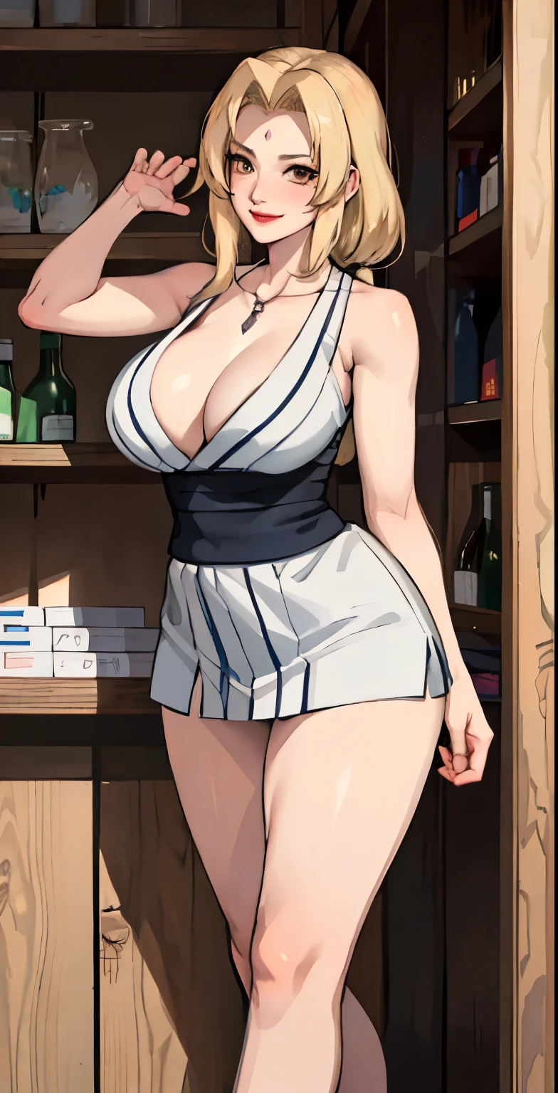 tsunade, side pose, she is facing the viewer, (huge tits), she's standing, she's standing , neckline, good anatomy, Masterpiece, The best quality, 4k, 8k, professional photography, soft light, sharp focus, 1 girl, blond hair, kimono, (Monte), clouds, blond hair, Separate benches, detailed face+brown eyes, They are SEXY smiling, closed lips, lipstick, bookshelves, Windows,