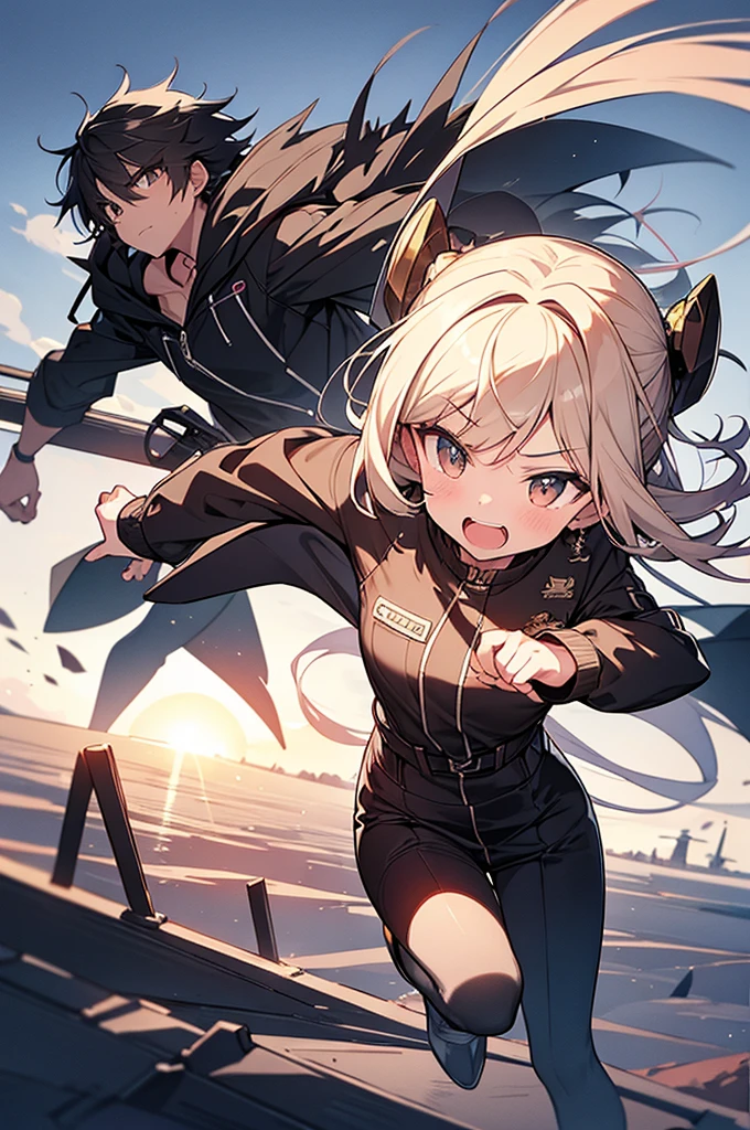 anime style, super fine illustration, highly detailed, dynamic angle, beautiful detailed, 8K, In the night, on a 月面 with the night over the desert, BREAK a couple is running angry. The woman is leading, and the man is chasing her. BREAK Both are angry broadly, their laughter echoing. BREAK The desert are shimmering hardly, and the sky is dyed black.masterpiece masterpiece masterpiece,best quality best quality best quality best quality best quality,8K,16K,super fine illustration,detailed background ,beautiful background,BREAK,army jacket,holding_weapon,backside Giant MECA,BREAK(Giant MECA:1.3),MECA,droid,human_no,cool cool cool,masterpiece masterpiece master piece,best quality,best quality,best quality,BREAK 1girl,chibi chibi chibi, lolii,per hands,perfect face,detailed shiny skin,masterpiece masterpiece masterpiece,best quality best quality best quality,BREAK 1boy,cool cool cool,masterpiece masterpiece masterpiece,best quality best quality best quality,BREAK midnight sky,beautiful background,perfect background