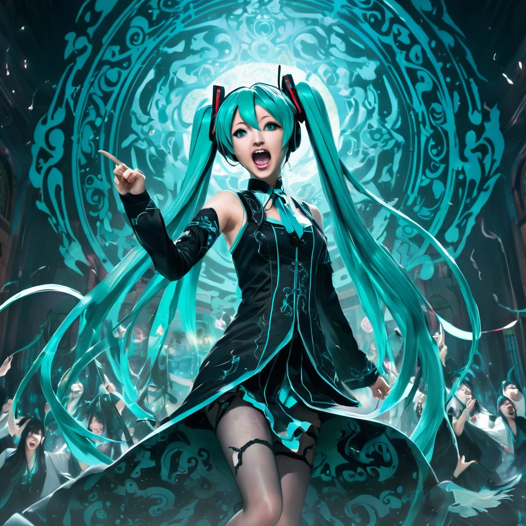 NWSF,a detailed portrait of hatsune miku in a gothic horror ritual summoning scene, miku in a possessed state levitating on one foot, mouth open in a scream, with mysterious shadowy figures in the background, dramatic high angle shot looking up at miku pointing directly at the camera, with elaborate summoning circles and magical runes on the ground, highly detailed, hyperrealistic, 8k, dramatic lighting, vivid colors