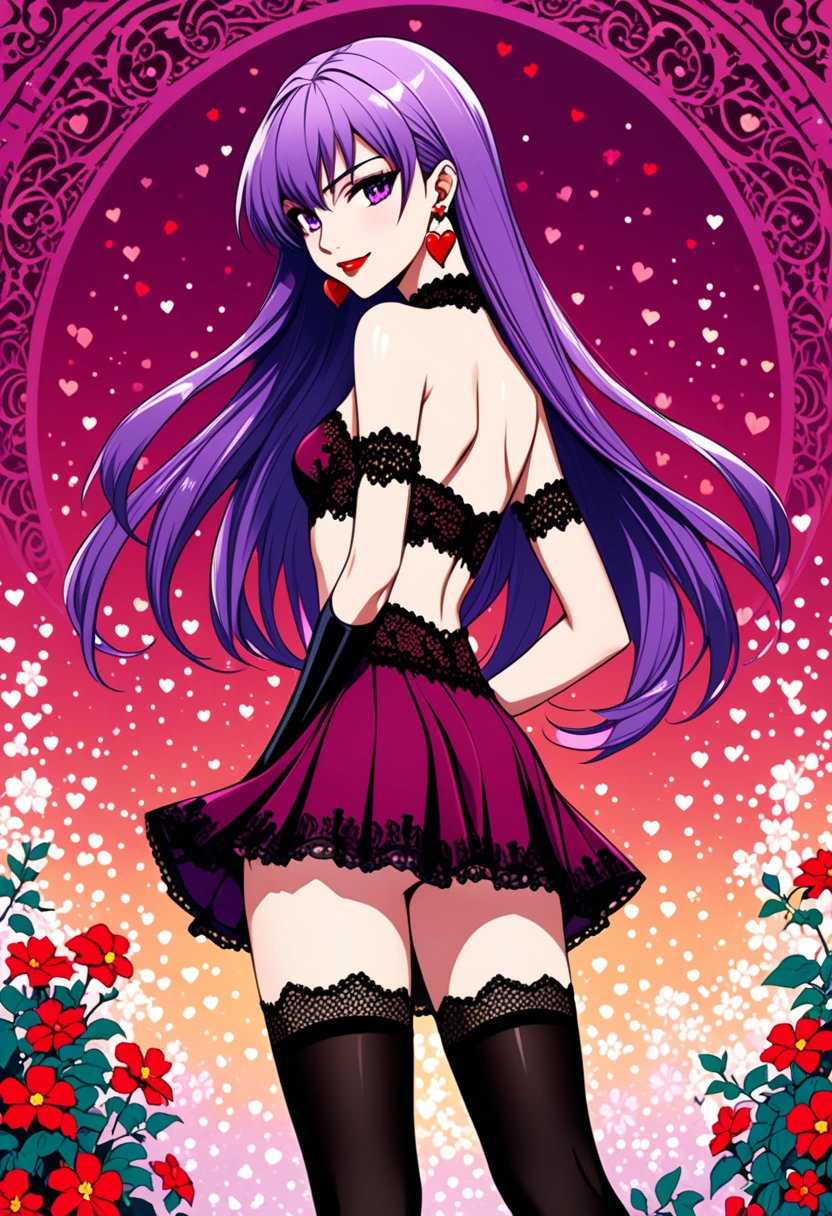 (anime, masterpiece, intricate:1.1), summer aestetic background, comics_darkstalkers_morrigan_aensland, 1girl, Slender hips, slim stomach, thin waist, sexy posing, back view, aesthetically pleasing rear view, looking at viewer, medium breasts, slim body, violet hair, violet eyes, skimpy silk-lace-chiffon dress, long hair, black garter stockings, symmetrical stocking size, very short mini skirt, lingerie, heart shaped earrings, girly decorations, solo, flowers, modest smile, bright red lipstick, painted nails (red)