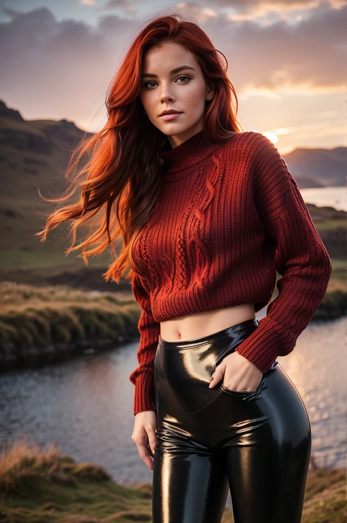 a gorgeous European woman, wavy crimson red hair in the wind. she's a men magazine model, She has a subtle smile and flirts with the camera, (she wears leather shirt), (with a long wool sweater and pvc leggings:1.2),background landscape of Scotland Loch and Scottish castle ruins, (in sunset light:1.2),