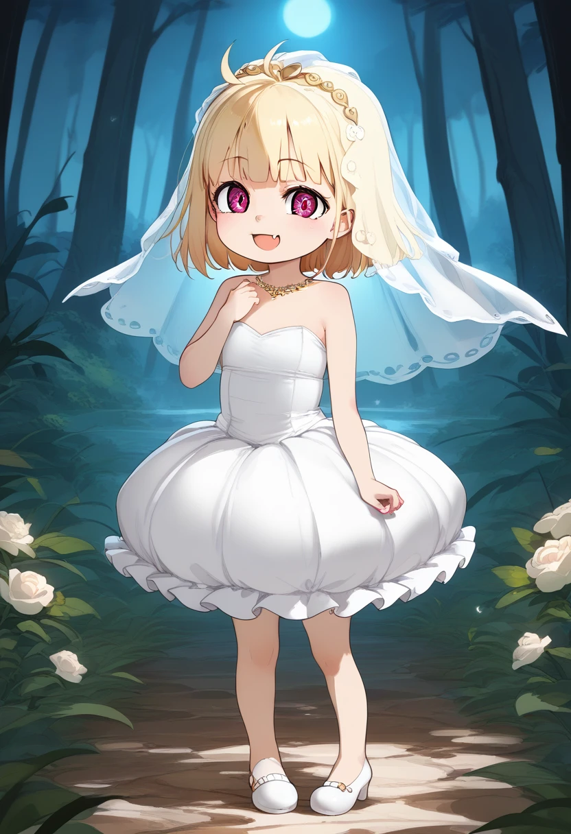 score_9, score_7_up, score_6_up, 1girl, source_cartoon, source_anime,breathtalking Scenery,watercolor,smooth soft skin, natural skin,
BREAK
(little female child:1.8), (:1.8), 4 yeoli toddler:1.lat chest,baby face,oily skin, ultra cute face, happy smile,
BREAK
(short blond hair:1.6) messy hair,(fang:1.1), (pink eyes:1.1), highlight on eyes, antenna hair,double tooth,(blond hair:1.1),
BREAK
exposed navel,(excessive detailed navel:1.2),(empire-Line wedding dress:1.1),(silk veil:1.3),high heel,silk cape,
BREAK
In a secluded setting, surrounded by a dense forest, the bog lay hidden like a secret gem, its misty surface whispering tales of ancient times,fullbody,dynamicangle,dynamicpose,action,
