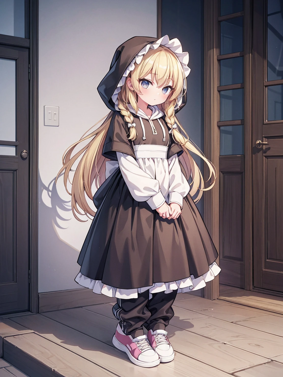 masterpiece, top quality, super detailed, CG illustration, high resolution, better lighting, best shadows, very delicate and beautiful, proper shading, hd, 8k,kirisame marisa, 1girl, solo, blonde hair, braid, shoes, alternate costume, pants, hood, hoodie, sneakers, contemporary