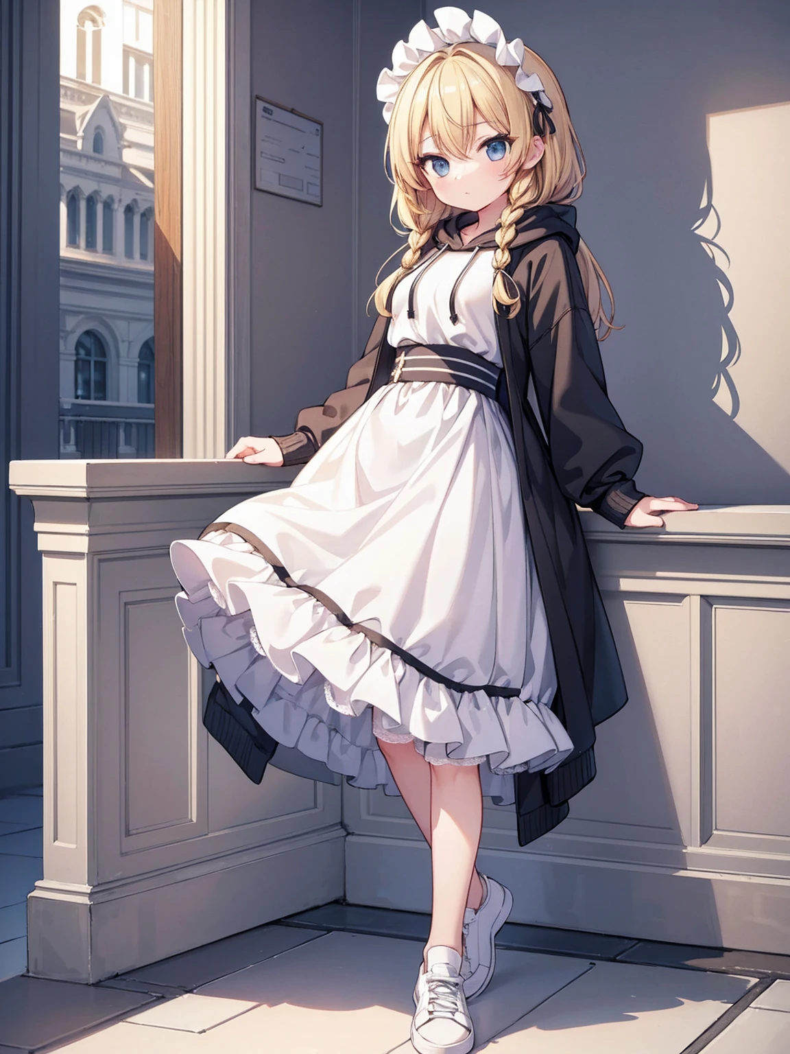 masterpiece, top quality, super detailed, CG illustration, high resolution, better lighting, best shadows, very delicate and beautiful, proper shading, hd, 8k,kirisame marisa, 1girl, solo, blonde hair, braid, shoes, alternate costume, pants, hood, hoodie, sneakers, contemporary