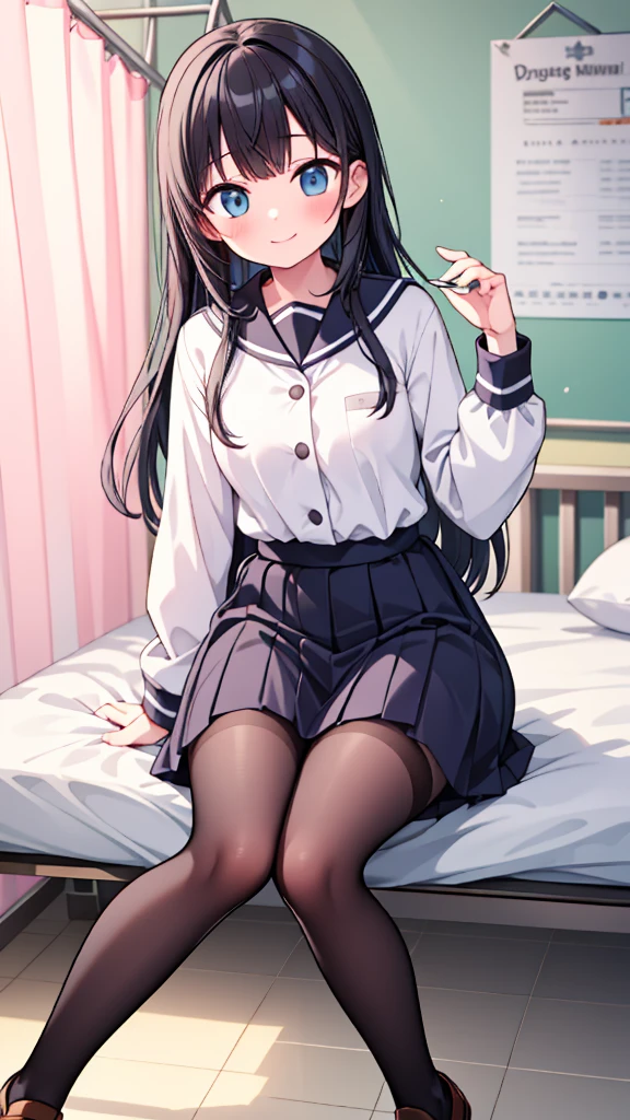 {Highest quality], [so beautiful], [Ultra-fine], [Best illustrations], Browsing Caution,Black Hair, Hime cut, Long Hair, With bangs, girl,high school student,uniform,knit,skirt,smile, blush, Slender women, Adult female,(public),,diagonal, Navy blue knee socks,Black Loafers.night,Health Room,Lying in bed feeling unwell
